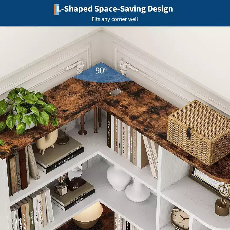 Bibliothèque d'angle haute de 74 po avec 6 étagères ouvertes, tiroir et armoires, étagère de rangement moderne en forme de L pour le salon, le bureau ou la chambre à coucher