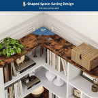Bibliothèque d'angle haute de 74 po avec 6 étagères ouvertes, tiroir et armoires, étagère de rangement moderne en forme de L pour le salon, le bureau ou la chambre à coucher
