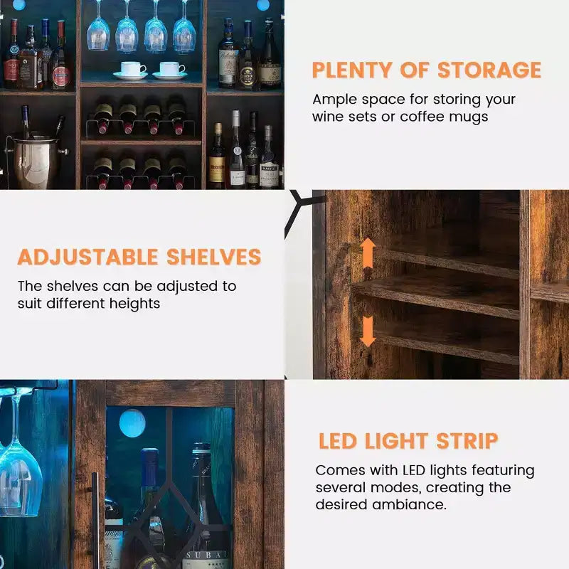 Cave à vin avec rangement et lumière, Meuble de bar pour la maison, Armoire à liqueurs pour la maison, Meuble à café avec porte-verres