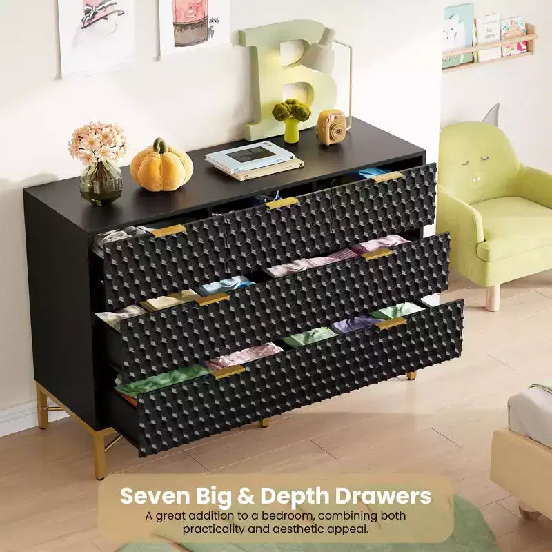 Commode moderne à 7 tiroirs, table de chevet avec plateau large pour chambre, noir