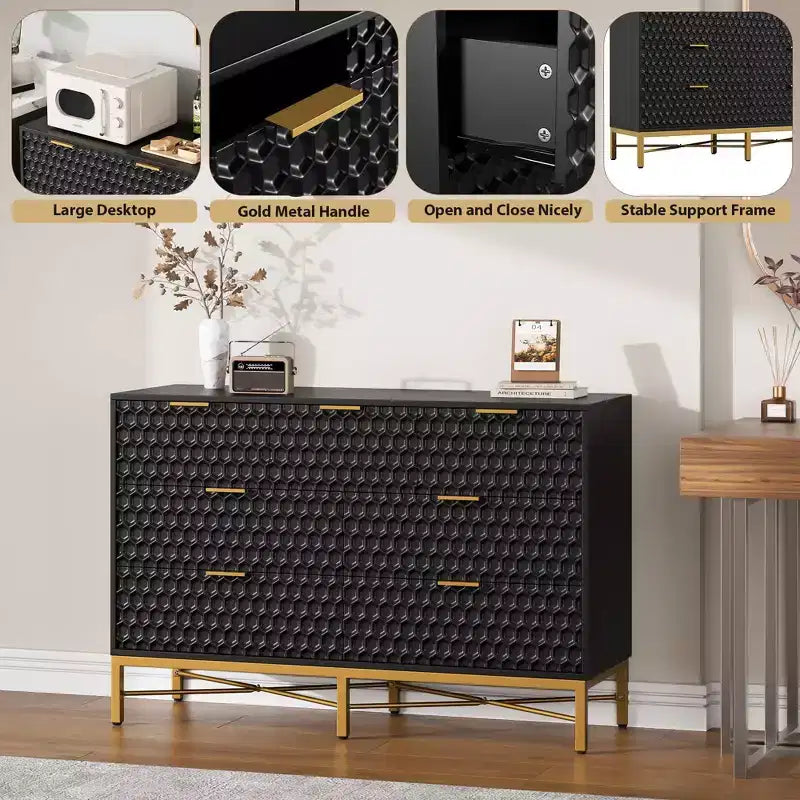 Commode moderne à 7 tiroirs, table de chevet avec plateau large pour chambre, noir