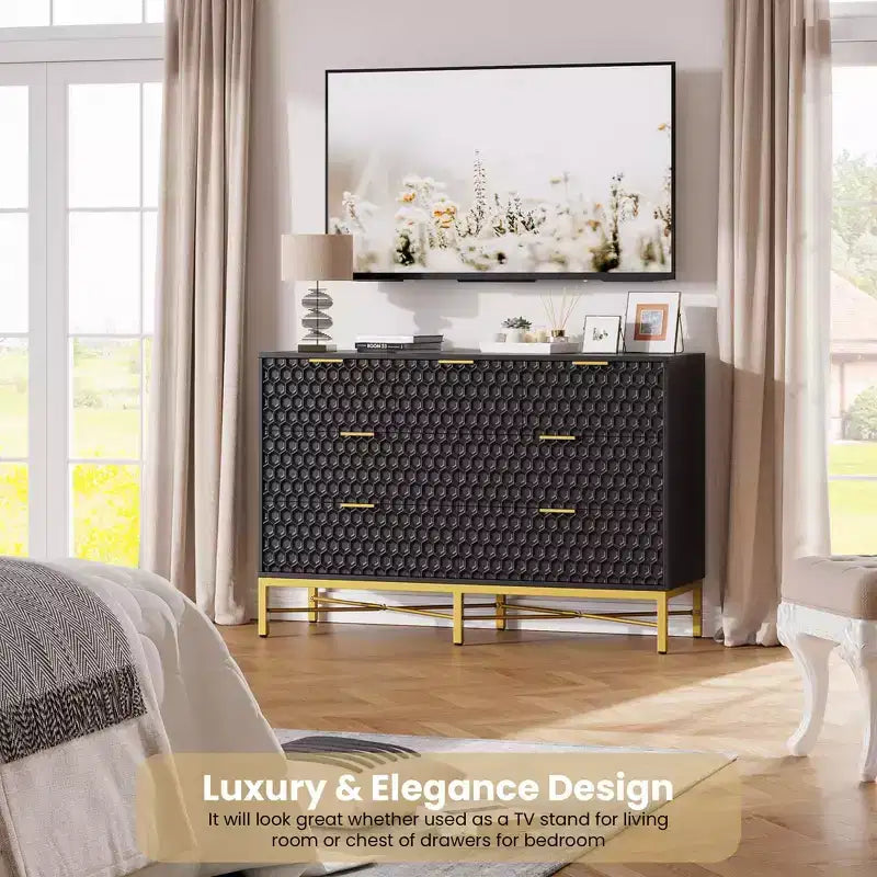 Commode moderne à 7 tiroirs, table de chevet avec plateau large pour chambre, noir