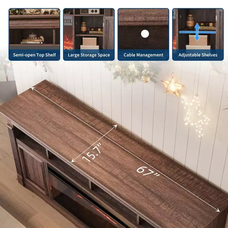 Meuble TV de ferme de 32 pouces 68, centre de divertissement pour téléviseurs jusqu'à 75 pouces, console média avec armoires de rangement ouvertes pour le salon