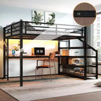 Queen Loft Bed with Desk and Storage Stairs Metal Loft Beds with LED Lights USB Ports Multifunctional Iron Nets No Spring Box Black