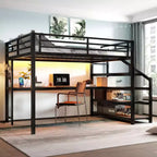 Lit mezzanine Queen avec bureau et escalier de rangement, lits mezzanine en métal avec lumières LED, ports USB, filets de fer multifonctionnels, sans sommier, noir