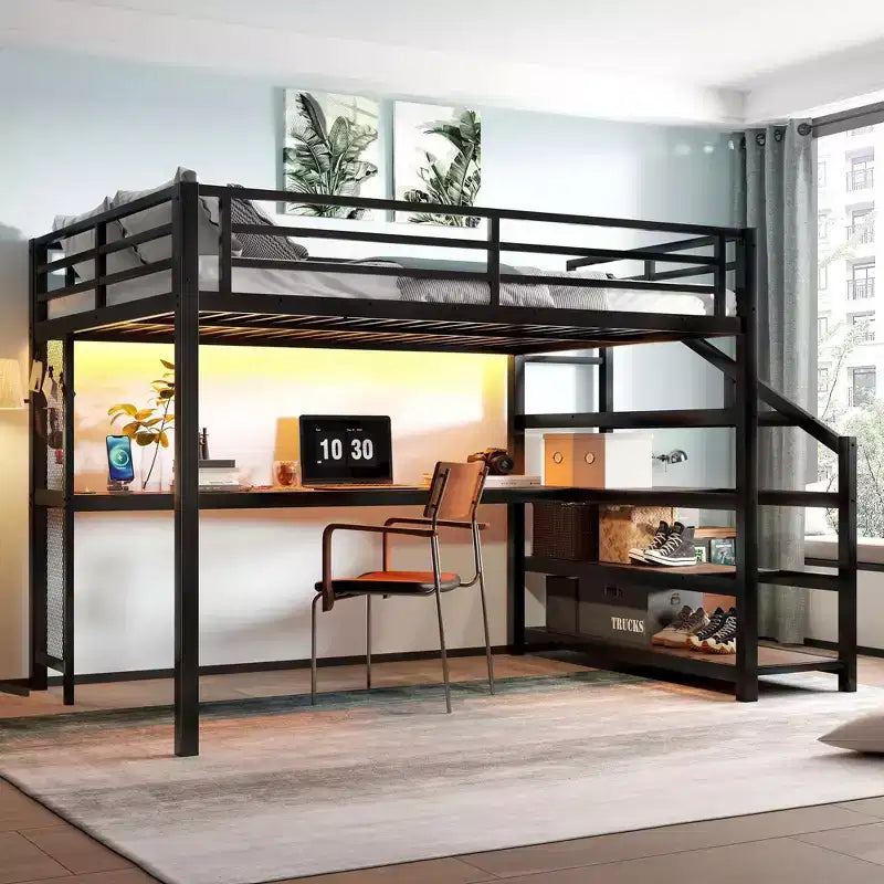 Lit mezzanine Queen avec bureau et escalier de rangement, lits mezzanine en métal avec lumières LED, ports USB, filets de fer multifonctionnels, sans sommier, noir