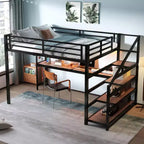 Lit mezzanine Queen avec bureau et escalier de rangement, lits mezzanine en métal avec lumières LED, ports USB, filets de fer multifonctionnels, sans sommier, noir