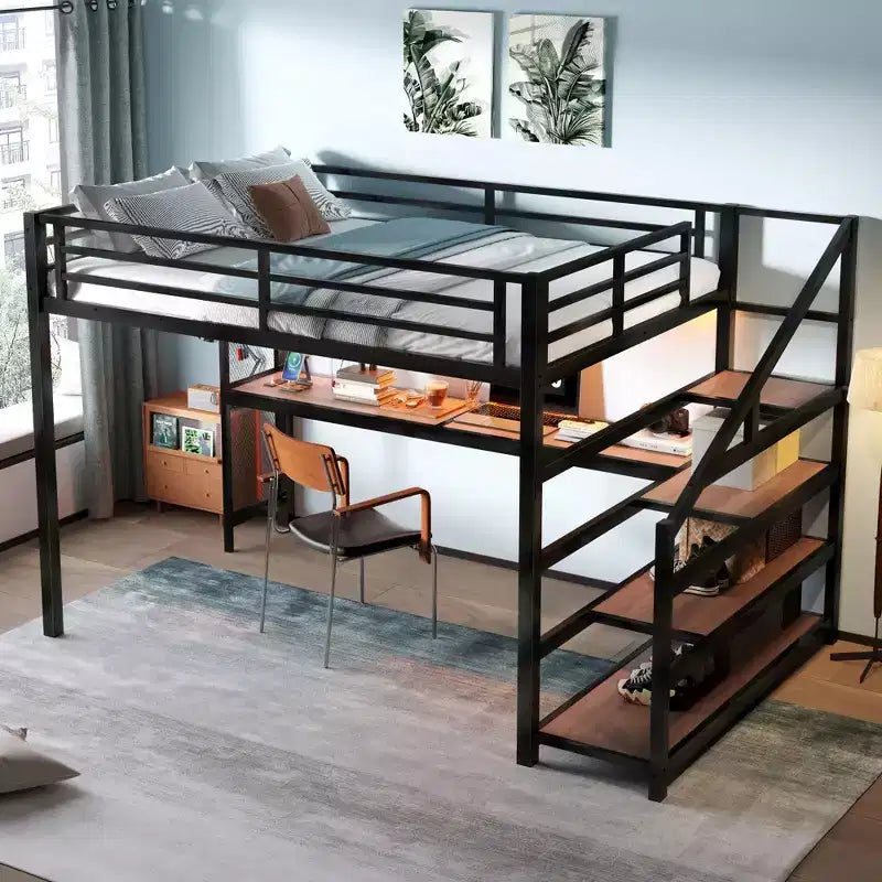 Lit mezzanine Queen avec bureau et escalier de rangement, lits mezzanine en métal avec lumières LED, ports USB, filets de fer multifonctionnels, sans sommier, noir