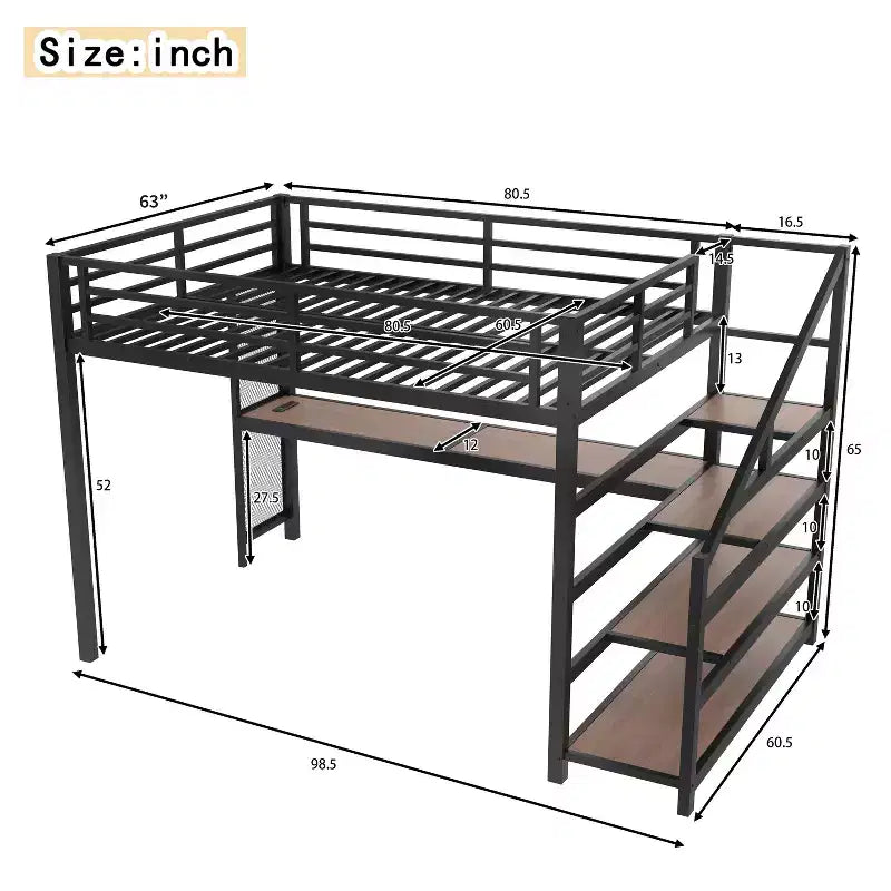 Lit mezzanine Queen avec bureau et escalier de rangement, lits mezzanine en métal avec lumières LED, ports USB, filets de fer multifonctionnels, sans sommier, noir