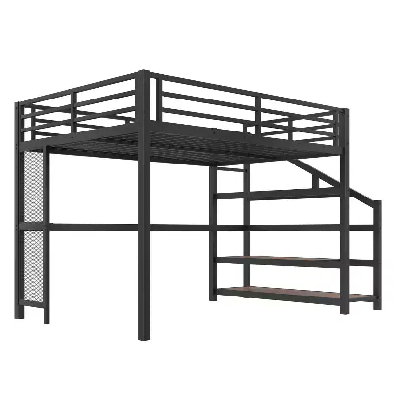 Lit mezzanine Queen avec bureau et escalier de rangement, lits mezzanine en métal avec lumières LED, ports USB, filets de fer multifonctionnels, sans sommier, noir