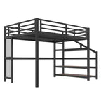 Lit mezzanine Queen avec bureau et escalier de rangement, lits mezzanine en métal avec lumières LED, ports USB, filets de fer multifonctionnels, sans sommier, noir