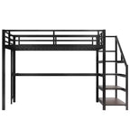 Lit mezzanine Queen avec bureau et escalier de rangement, lits mezzanine en métal avec lumières LED, ports USB, filets de fer multifonctionnels, sans sommier, noir