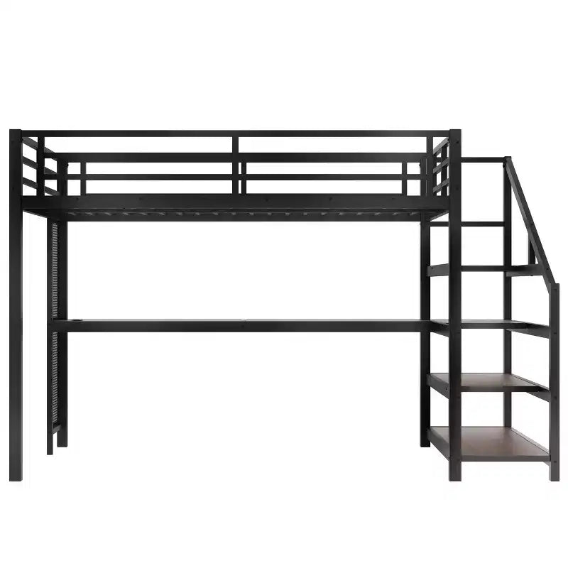 Lit mezzanine Queen avec bureau et escalier de rangement, lits mezzanine en métal avec lumières LED, ports USB, filets de fer multifonctionnels, sans sommier, noir