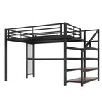 Lit mezzanine Queen avec bureau et escalier de rangement, lits mezzanine en métal avec lumières LED, ports USB, filets de fer multifonctionnels, sans sommier, noir