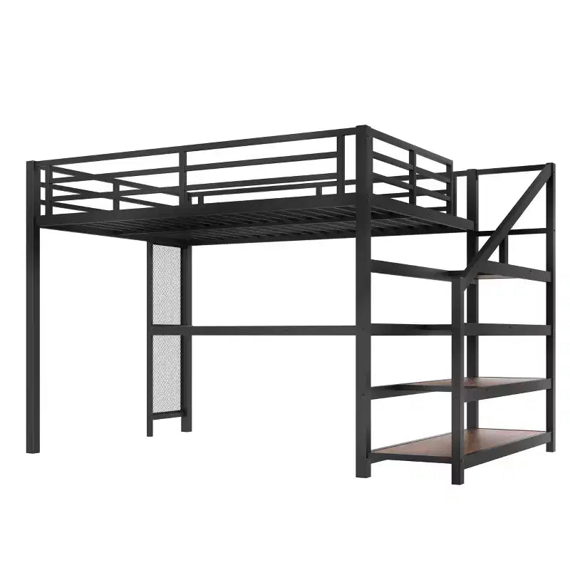 Lit mezzanine Queen avec bureau et escalier de rangement, lits mezzanine en métal avec lumières LED, ports USB, filets de fer multifonctionnels, sans sommier, noir