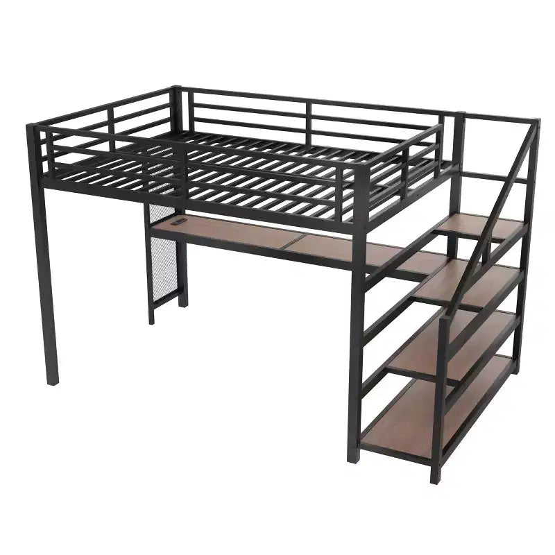 Lit mezzanine Queen avec bureau et escalier de rangement, lits mezzanine en métal avec lumières LED, ports USB, filets de fer multifonctionnels, sans sommier, noir