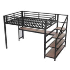 Lit mezzanine Queen avec bureau et escalier de rangement, lits mezzanine en métal avec lumières LED, ports USB, filets de fer multifonctionnels, sans sommier, noir