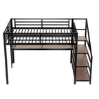 Lit mezzanine Queen avec bureau et escalier de rangement, lits mezzanine en métal avec lumières LED, ports USB, filets de fer multifonctionnels, sans sommier, noir