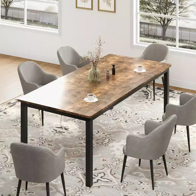 Table à manger industrielle de 71 pouces, grande table de cuisine rectangulaire avec pieds en métal, coins arrondis, tables de conférence en bois, bureau d'écriture pour salle à manger
