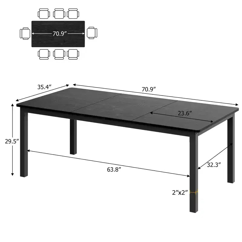 Table à manger industrielle de 71 pouces, grande table de cuisine rectangulaire avec pieds en métal, coins arrondis, tables de conférence en bois, bureau d'écriture pour salle à manger