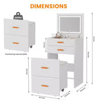 Coiffeuse 3-en-1 avec lumières, table de maquillage compacte, tabouret à roulettes et nombreux rangements, parfaite pour les petites chambres, les appartements et les chambres de filles.