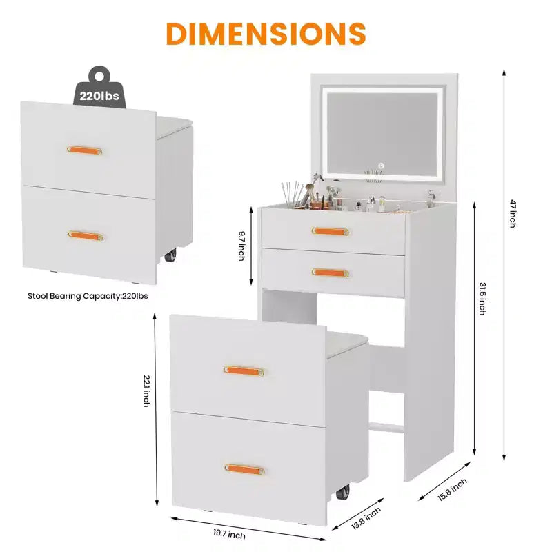 Coiffeuse 3-en-1 avec lumières, table de maquillage compacte, tabouret à roulettes et nombreux rangements, parfaite pour les petites chambres, les appartements et les chambres de filles.