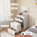 Coiffeuse 3-en-1 avec lumières, table de maquillage compacte, tabouret à roulettes et nombreux rangements, parfaite pour les petites chambres, les appartements et les chambres de filles.
