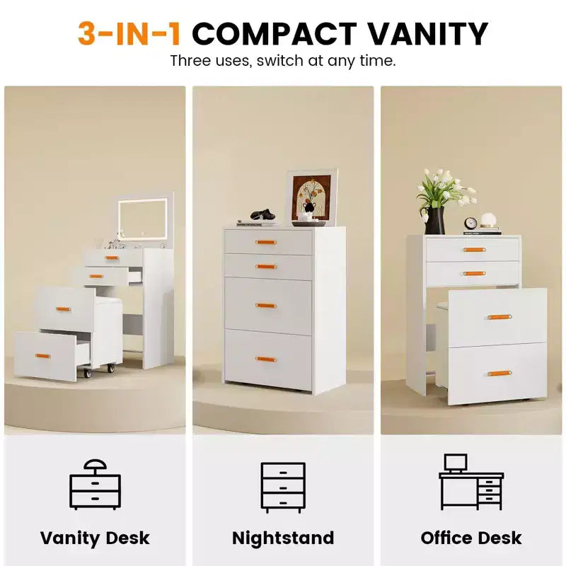 Coiffeuse 3-en-1 avec lumières, table de maquillage compacte, tabouret à roulettes et nombreux rangements, parfaite pour les petites chambres, les appartements et les chambres de filles.