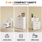 Coiffeuse 3-en-1 avec lumières, table de maquillage compacte, tabouret à roulettes et nombreux rangements, parfaite pour les petites chambres, les appartements et les chambres de filles.