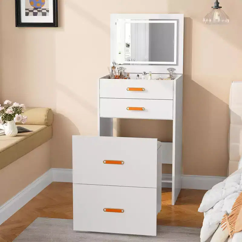 Coiffeuse 3-en-1 avec lumières, table de maquillage compacte, tabouret à roulettes et nombreux rangements, parfaite pour les petites chambres, les appartements et les chambres de filles.