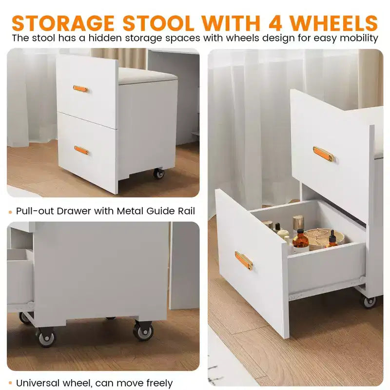 Coiffeuse 3-en-1 avec lumières, table de maquillage compacte, tabouret à roulettes et nombreux rangements, parfaite pour les petites chambres, les appartements et les chambres de filles.