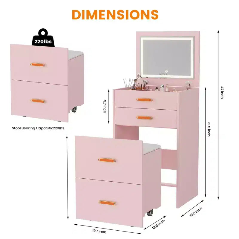 Coiffeuse 3-en-1 avec lumières, table de maquillage compacte, tabouret à roulettes et nombreux rangements, parfaite pour les petites chambres, les appartements et les chambres de filles.