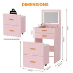 Coiffeuse 3-en-1 avec lumières, table de maquillage compacte, tabouret à roulettes et nombreux rangements, parfaite pour les petites chambres, les appartements et les chambres de filles.