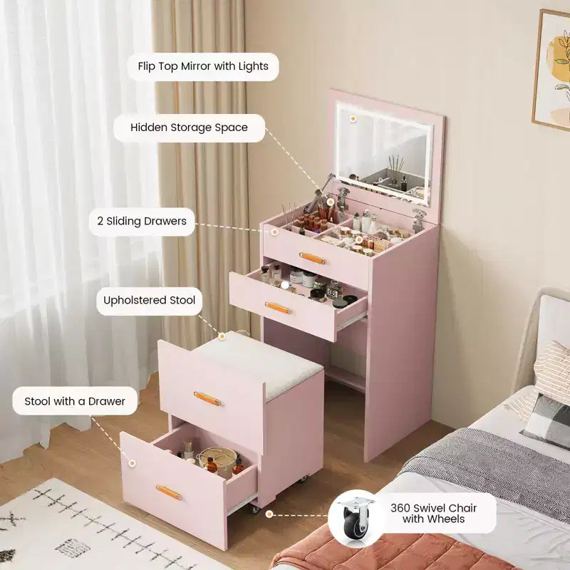 Coiffeuse 3-en-1 avec lumières, table de maquillage compacte, tabouret à roulettes et nombreux rangements, parfaite pour les petites chambres, les appartements et les chambres de filles.