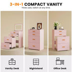 Coiffeuse 3-en-1 avec lumières, table de maquillage compacte, tabouret à roulettes et nombreux rangements, parfaite pour les petites chambres, les appartements et les chambres de filles.