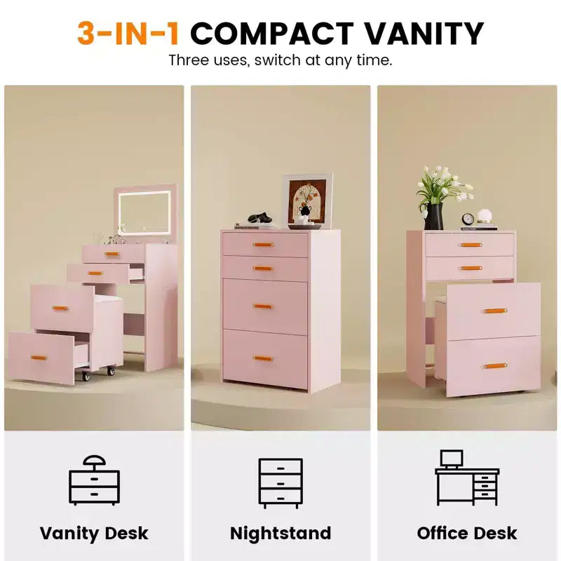 Coiffeuse 3-en-1 avec lumières, table de maquillage compacte, tabouret à roulettes et nombreux rangements, parfaite pour les petites chambres, les appartements et les chambres de filles.