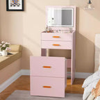 Coiffeuse 3-en-1 avec lumières, table de maquillage compacte, tabouret à roulettes et nombreux rangements, parfaite pour les petites chambres, les appartements et les chambres de filles.