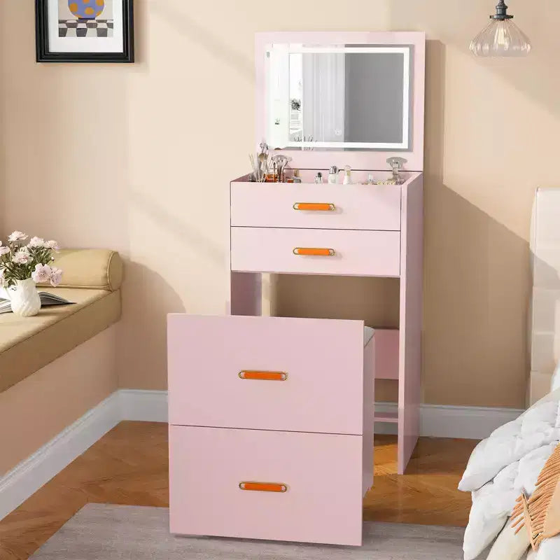 Coiffeuse 3-en-1 avec lumières, table de maquillage compacte, tabouret à roulettes et nombreux rangements, parfaite pour les petites chambres, les appartements et les chambres de filles.