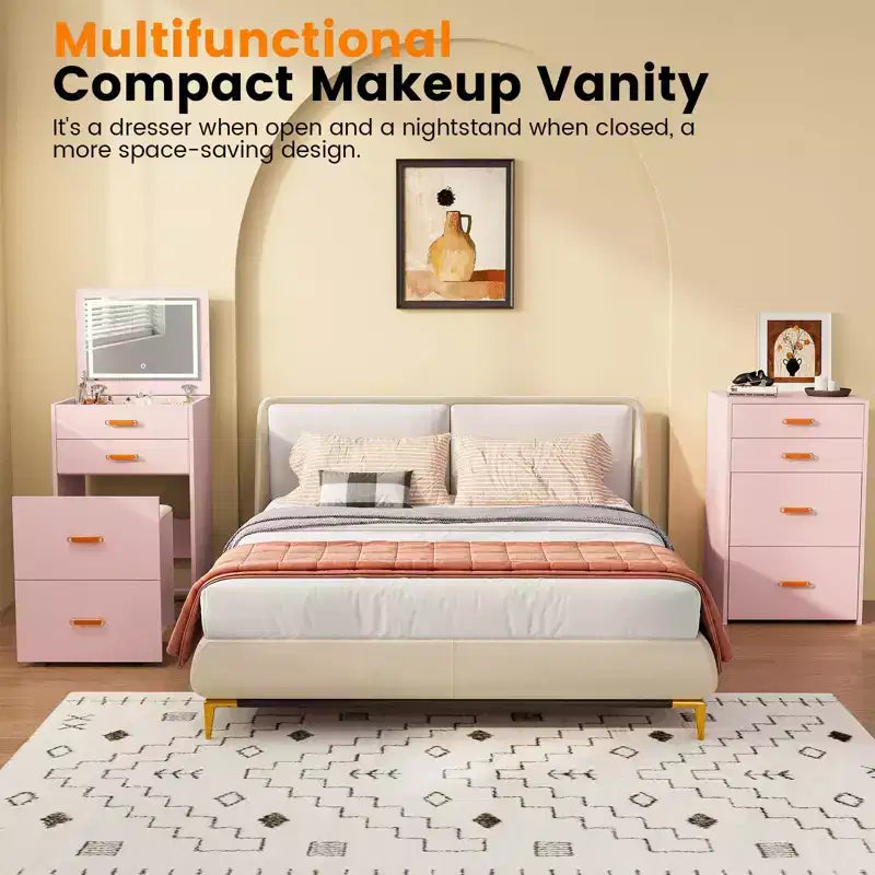 Coiffeuse 3-en-1 avec lumières, table de maquillage compacte, tabouret à roulettes et nombreux rangements, parfaite pour les petites chambres, les appartements et les chambres de filles.