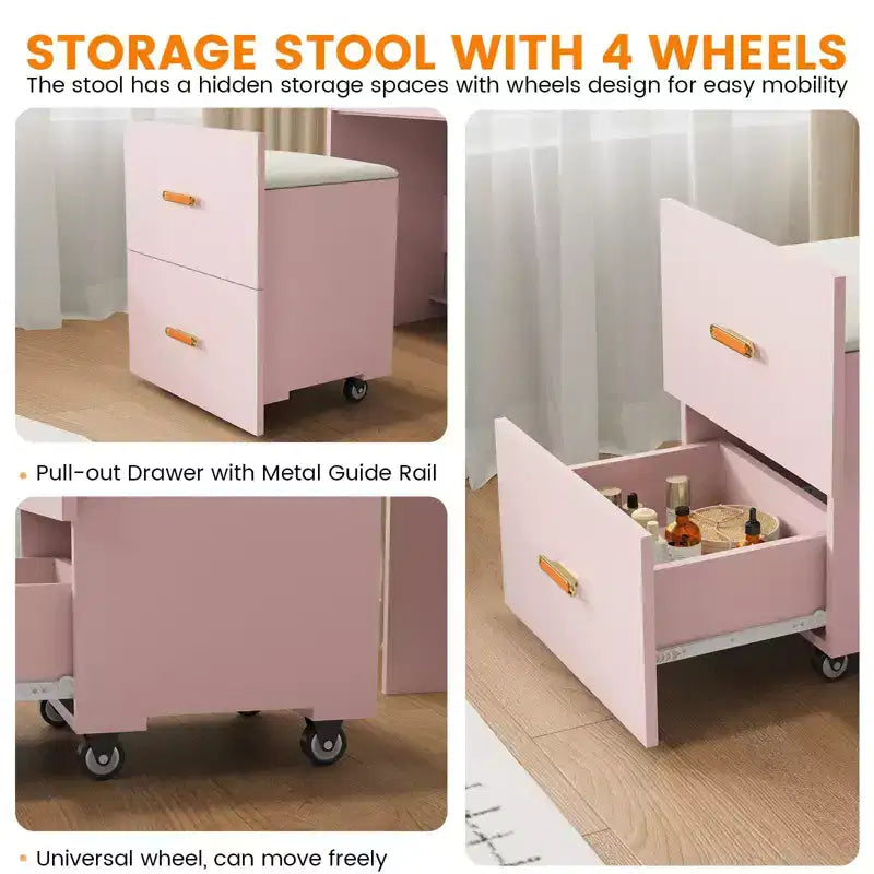 Coiffeuse 3-en-1 avec lumières, table de maquillage compacte, tabouret à roulettes et nombreux rangements, parfaite pour les petites chambres, les appartements et les chambres de filles.