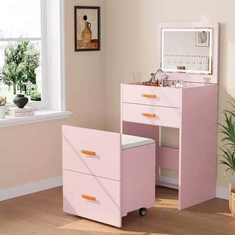 3-in-1 Vanity Set with Lights,Compact Makeup Table, Rolling Stool & Ample Storage, Perfect for Small Bedrooms,Apartments & Girls' Rooms