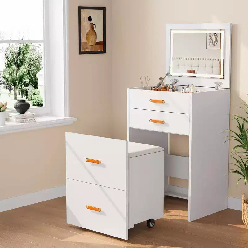 Coiffeuse 3-en-1 avec lumières, table de maquillage compacte, tabouret à roulettes et nombreux rangements, parfaite pour les petites chambres, les appartements et les chambres de filles.