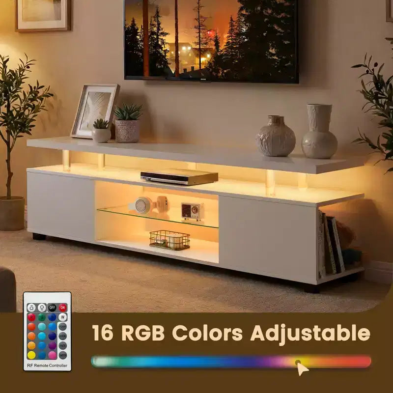Meuble TV JVNOXK pour téléviseur 70 pouces, meuble de divertissement LED pour gamers, console multimédia avec grand placard latéral pour salon, blanc