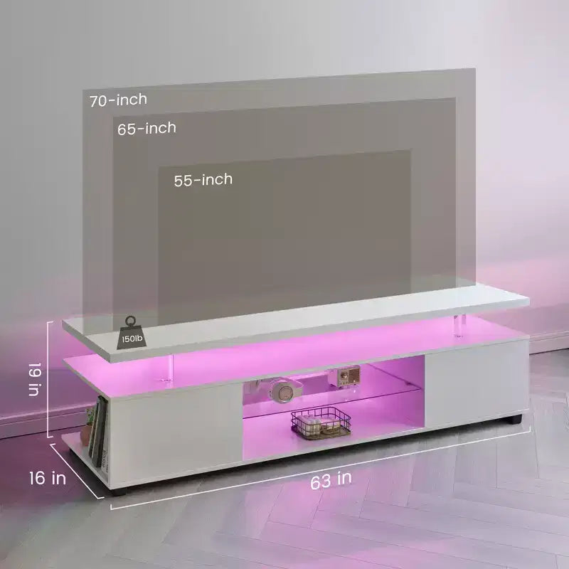 Meuble TV JVNOXK pour téléviseur 70 pouces, meuble de divertissement LED pour gamers, console multimédia avec grand placard latéral pour salon, blanc
