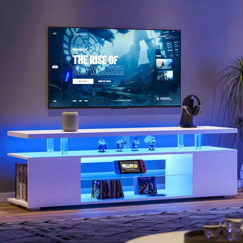 Meuble TV JVNOXK pour téléviseur 70 pouces, meuble de divertissement LED pour gamers, console multimédia avec grand placard latéral pour salon, blanc