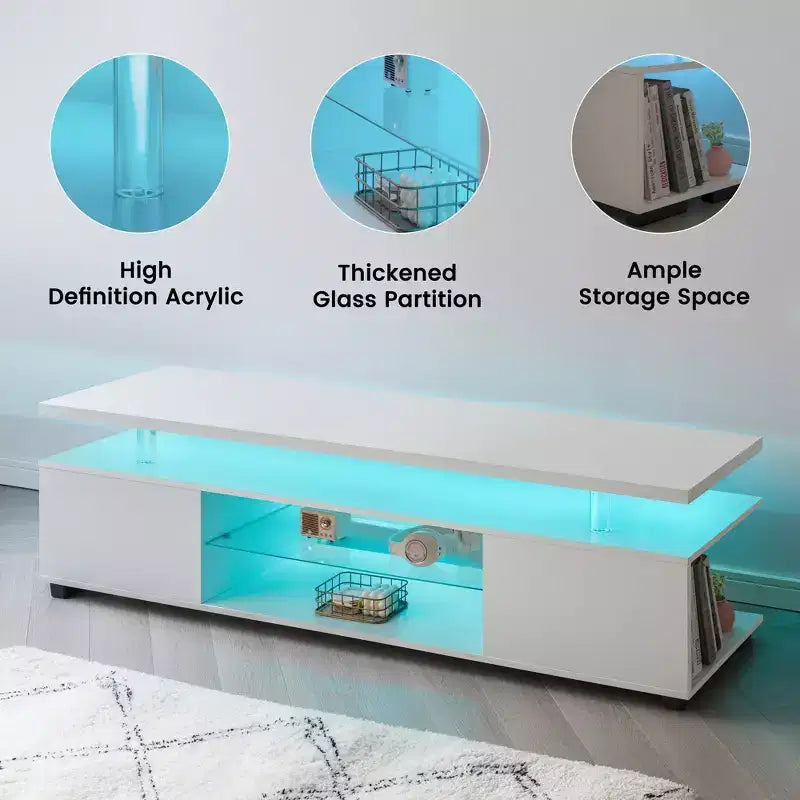 Meuble TV JVNOXK pour téléviseur 70 pouces, meuble de divertissement LED pour gamers, console multimédia avec grand placard latéral pour salon, blanc