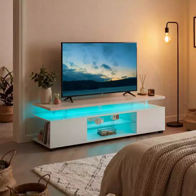 Meuble TV JVNOXK pour téléviseur 70 pouces, meuble de divertissement LED pour gamers, console multimédia avec grand placard latéral pour salon, blanc