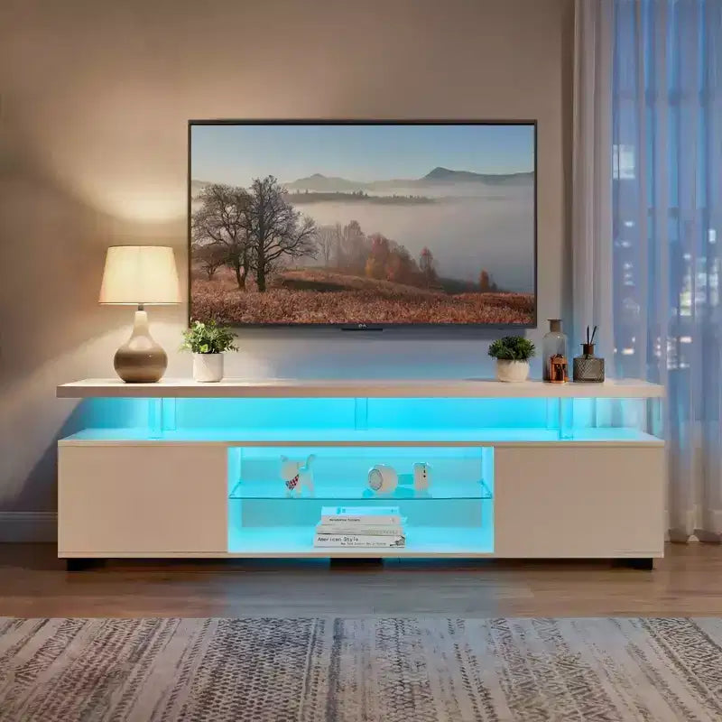 Meuble TV JVNOXK pour téléviseur 70 pouces, meuble de divertissement LED pour gamers, console multimédia avec grand placard latéral pour salon, blanc