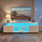Meuble TV JVNOXK pour téléviseur 70 pouces, meuble de divertissement LED pour gamers, console multimédia avec grand placard latéral pour salon, blanc