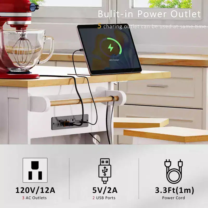 Îlot de cuisine de ferme de 54,5 po avec prise de courant, desserte de cuisine roulante avec étagère de rangement interne, abattant, porte-épices